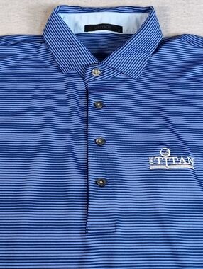 Greyson Mens L Blue Striped Performance Golf Embroidered Logos Preppy Polo Shirt